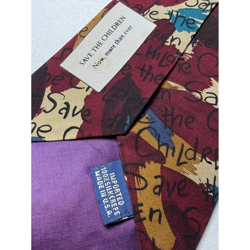 Save the Children Silk Necktie Burgundy‎ Multi Color Text Print Neck Tie
